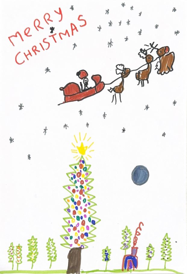 A runner up design showing a Christmas tree and sleigh.