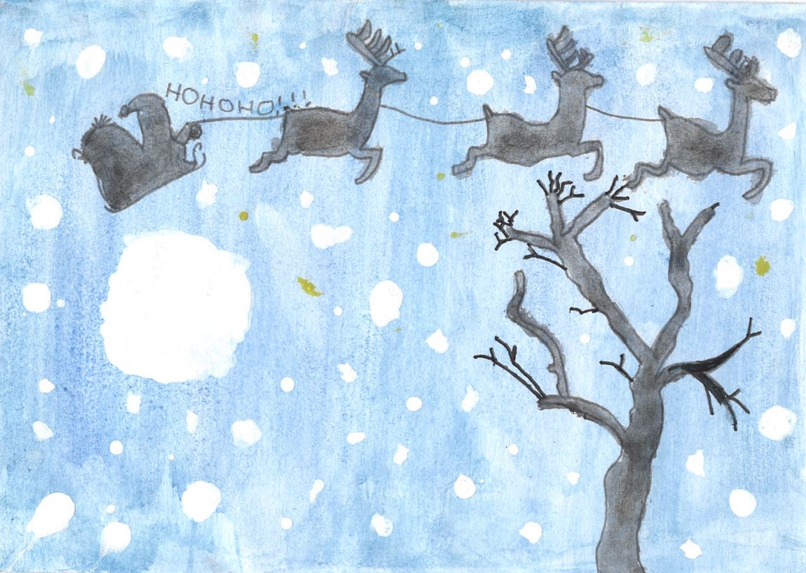 A runner up design showing a sleigh on a snowy night.